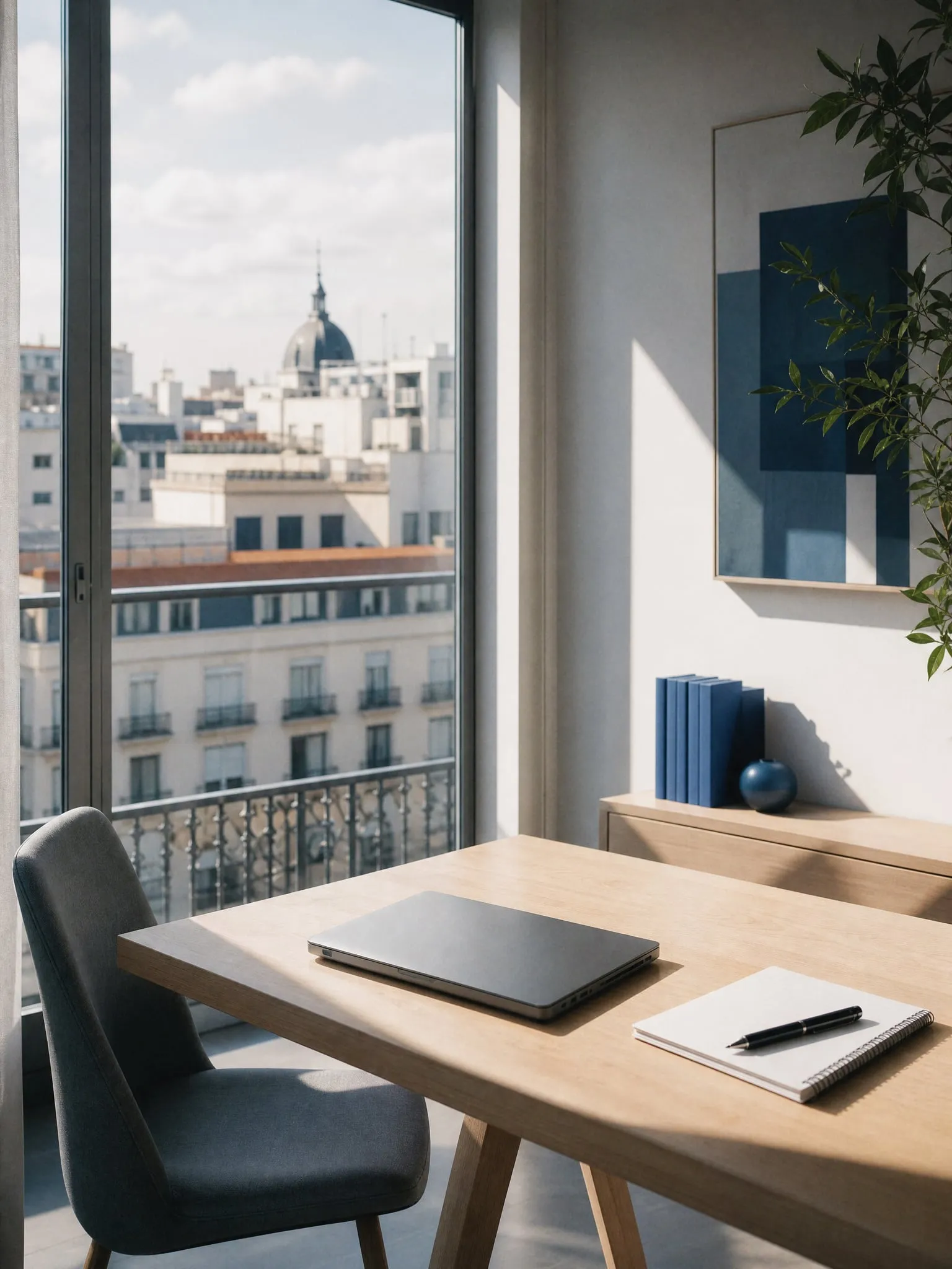 Mesa de trabajo junto a un ventanal con vistas a los tejados de Madrid, con un portátil cerrado y un cuaderno